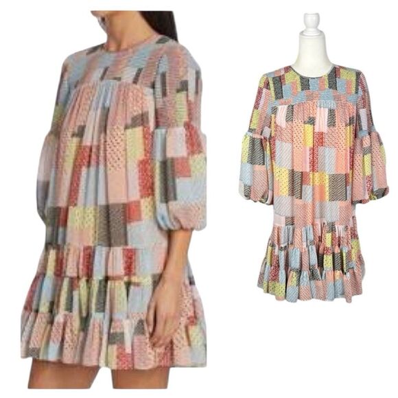 Cinq a Sept 5a7 Patchwork Rika Dress Size 6 Cottage Prairie Puff Sleeve Artsy - Picture 1 of 15